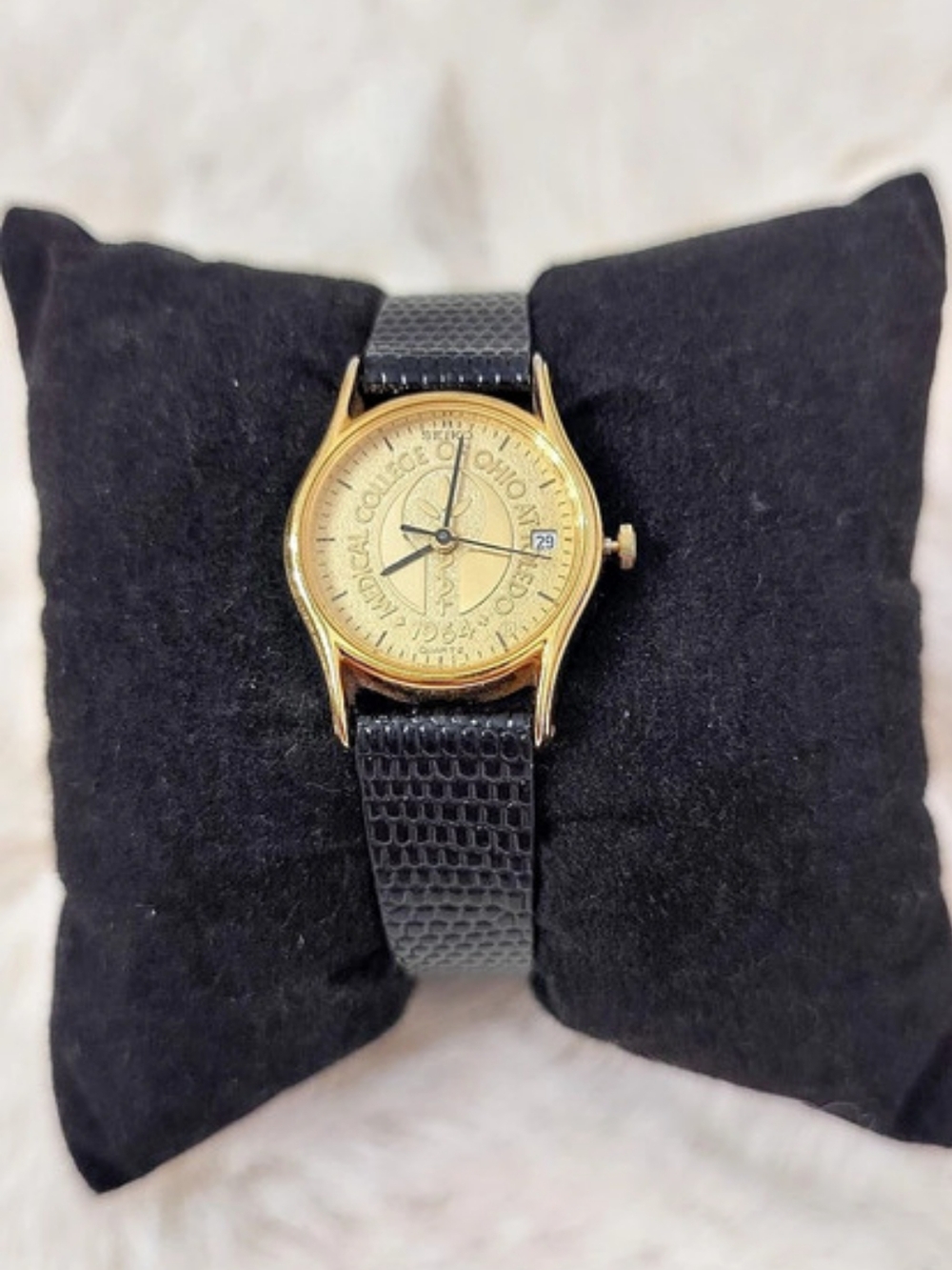 Seiko Medical College of Ohio 1963 Vintage Gold-Tone Watch Black Leather Strap